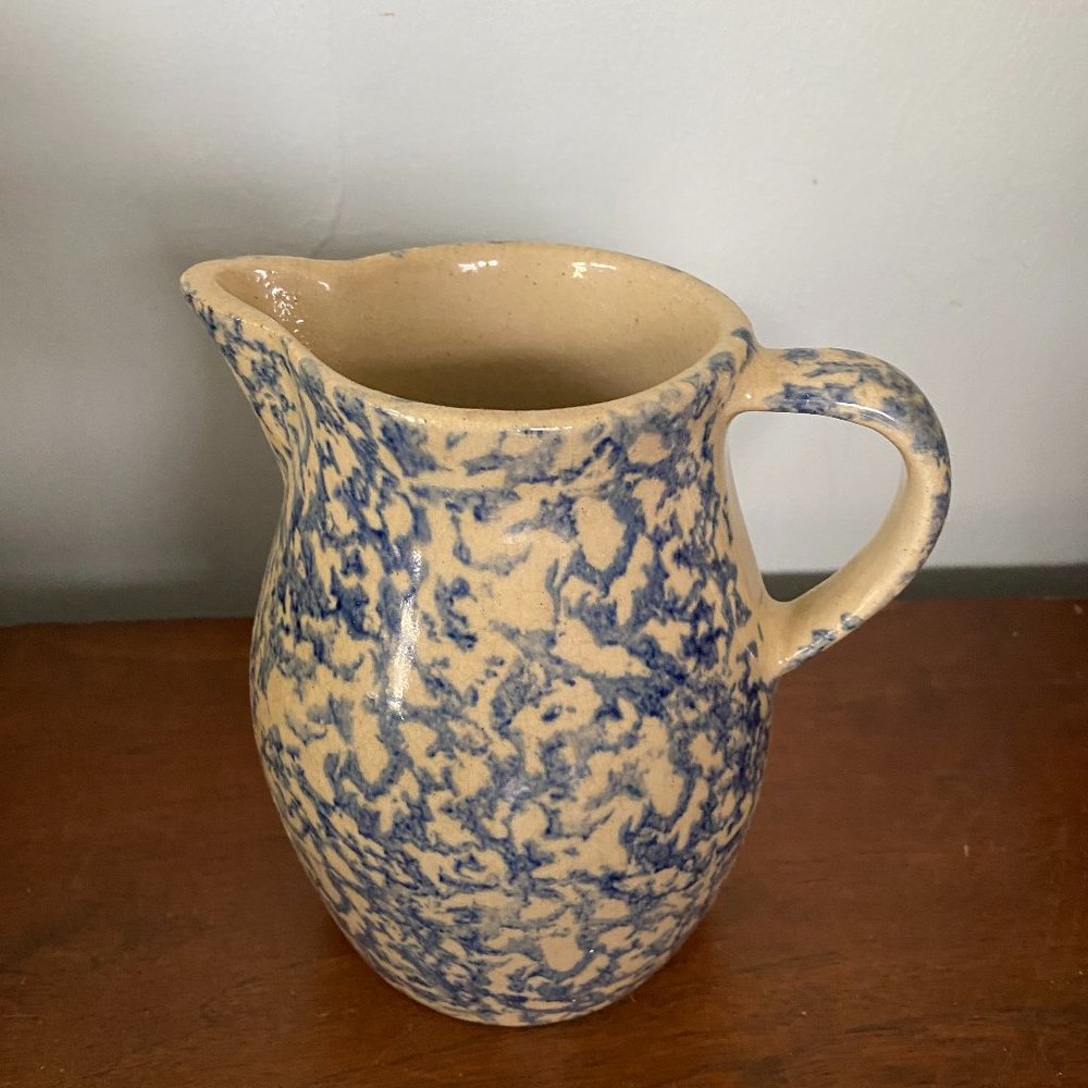 Vintage Small Pottery Pitcher 1 quart marked Robinson blue sponge pattern